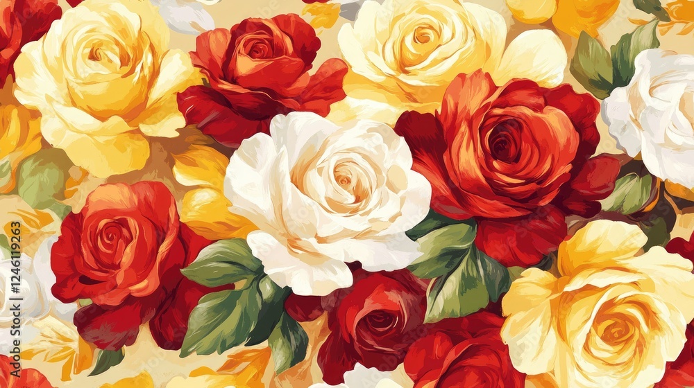 A vibrant floral rose background with a mixture of red, yellow, and white roses, perfect for a celebration. A vibrant floral rose background with a mixture of red, yellow, and white roses, perfect for a celebration.