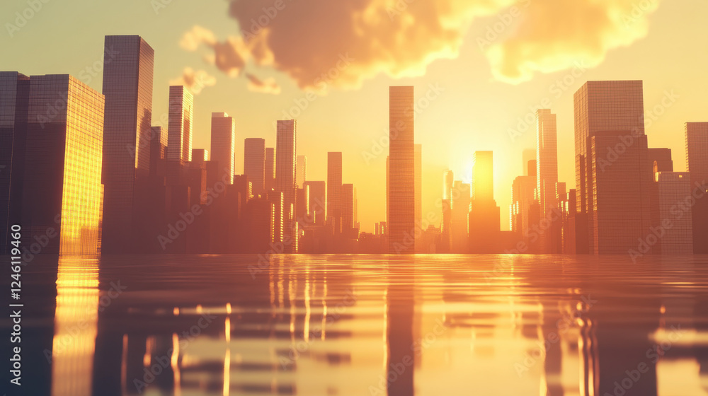 Fototapeta premium A majestic urban skyline during sunset, golden-hour glow reflecting off the glass facades of towering skyscrapers, soft clouds drifting above