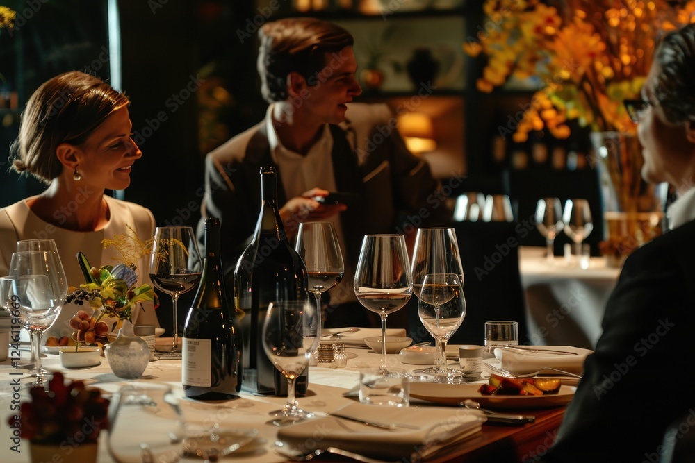 Enjoying a romantic dinner at a cozy restaurant with an extensive wine collection in the background during the evening Enjoying a romantic dinner at a cozy restaurant with an extensive wine collection in the background during the evening