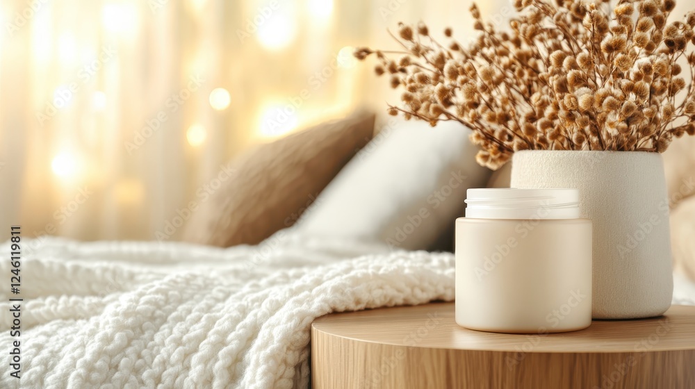 A serene bedroom scene featuring a stylish jar on a bedside table, complemented by delicate flowers, creating a warm and inviting atmosphere for relaxation. A serene bedroom scene featuring a stylish jar on a bedside table, complemented by delicate flowers, creating a warm and inviting atmosphere for relaxation.