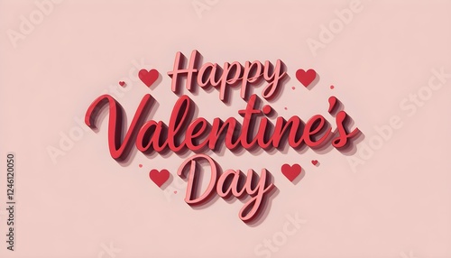 Retro 3D 'Happy Valentine's Day' in glossy red letters, scattered hearts, and a soft pink backdrop, conveying love and romance