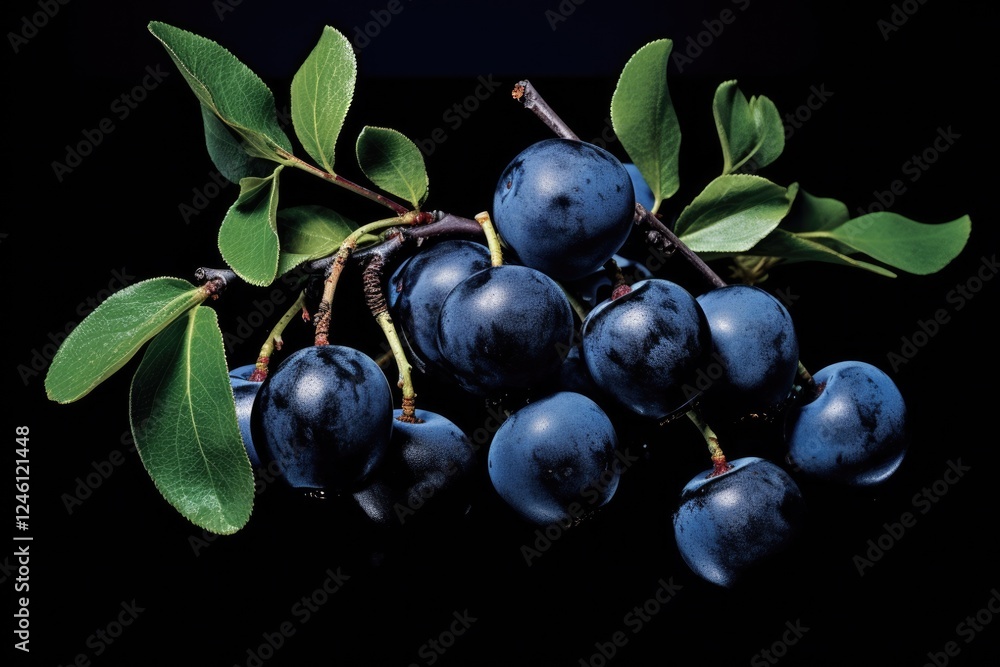 Sloe Berries on a Prunus Blackthorn Tree Branch. Ripe Wild Fruits with Leaves Sloe Berries on a Prunus Blackthorn Tree Branch. Ripe Wild Fruits with Leaves