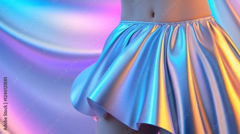 A shimmering metallic skirt drapes elegantly around a waist, surrounded by soft, colorful fabric that creates a vibrant and modern aesthetic, symbolize newwave and Y2K. A shimmering metallic skirt drapes elegantly around a waist, surrounded by soft, colorful fabric that creates a vibrant and modern aesthetic, symbolize newwave and Y2K.