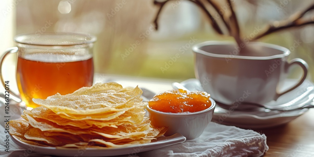 Delicious russian pancakes with tea and jam Delicious russian pancakes with tea and jam