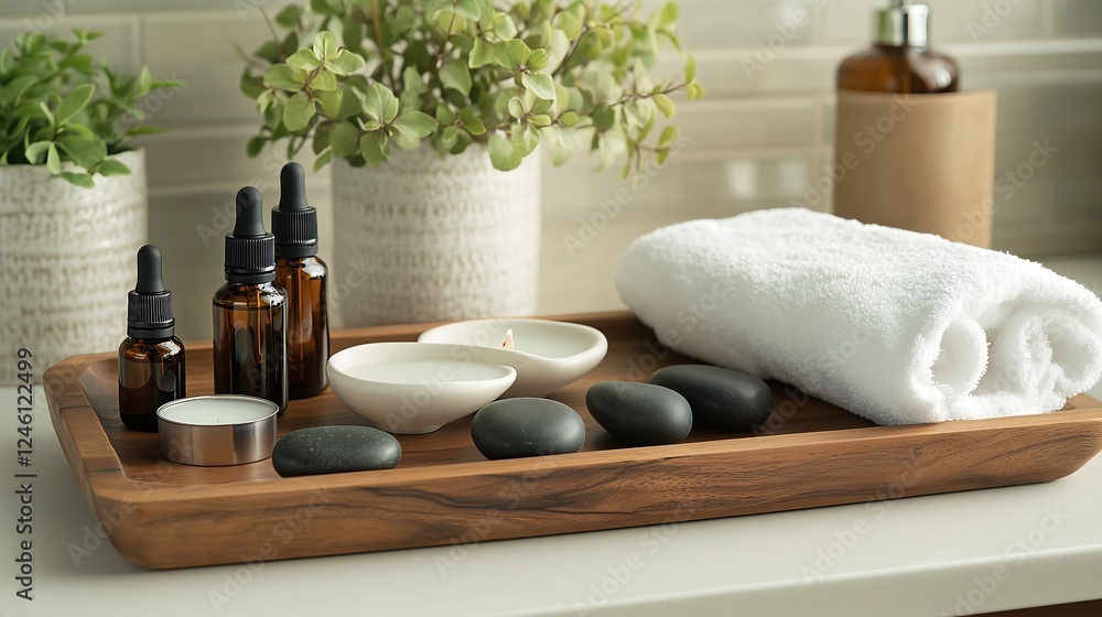 A serene spa setting featuring essential oils, candles, and smooth stones on a wooden tray. A serene spa setting featuring essential oils, candles, and smooth stones on a wooden tray.