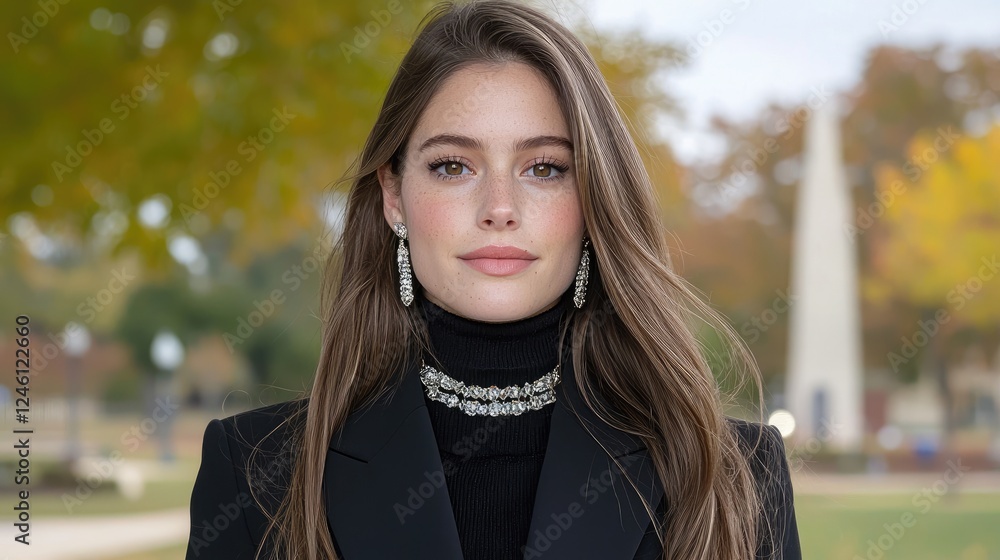 Woman autumn park portrait, stylish clothes, background trees Woman autumn park portrait, stylish clothes, background trees