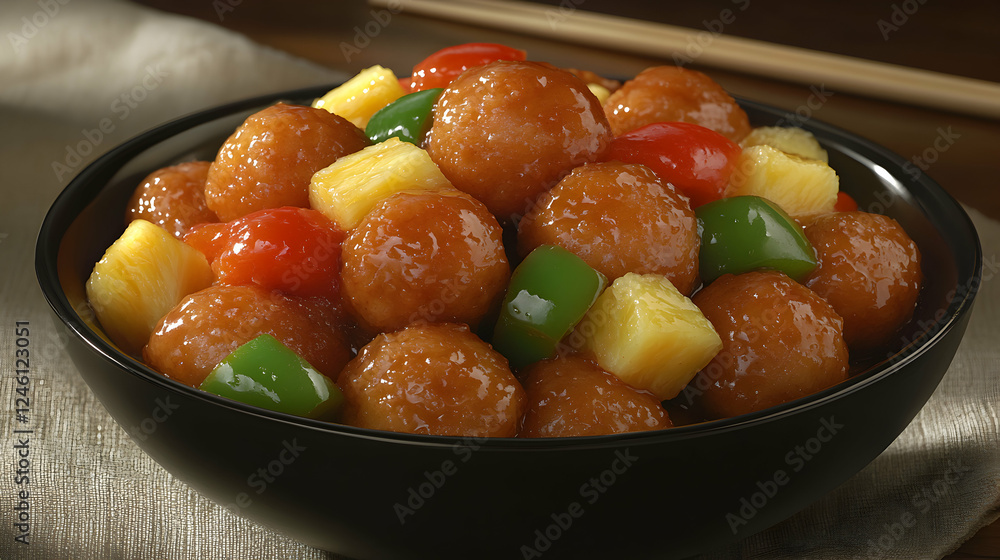 Delicious sweet and sour meatballs with pineapple chunks and bell peppers in a glossy sauce, served in a black bowl. Delicious sweet and sour meatballs with pineapple chunks and bell peppers in a glossy sauce, served in a black bowl.
