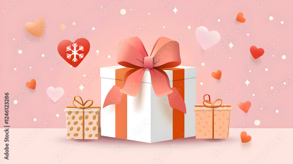 Fototapeta premium festive gift box with large ribbon surrounded by hearts and smaller gifts creates joyful