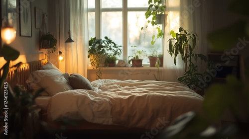 Cozy bedroom filled with plants and warm light  creating a peaceful and inviting atmosphere.