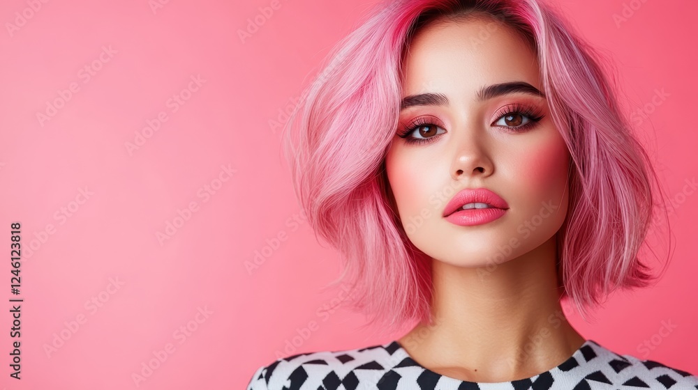 This striking image showcases a young woman with pink hair, exuding confidence and creativity against a bold patterned background, reflecting contemporary fashion trends. This striking image showcases a young woman with pink hair, exuding confidence and creativity against a bold patterned background, reflecting contemporary fashion trends.