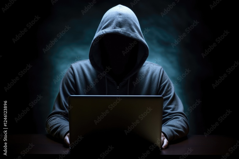 Spoofing Concept with Faceless Hooded Male Person. Cyber Pirate or Hacker in Hoodie Using Computer for Network Hack Crime Spoofing Concept with Faceless Hooded Male Person. Cyber Pirate or Hacker in Hoodie Using Computer for Network Hack Crime