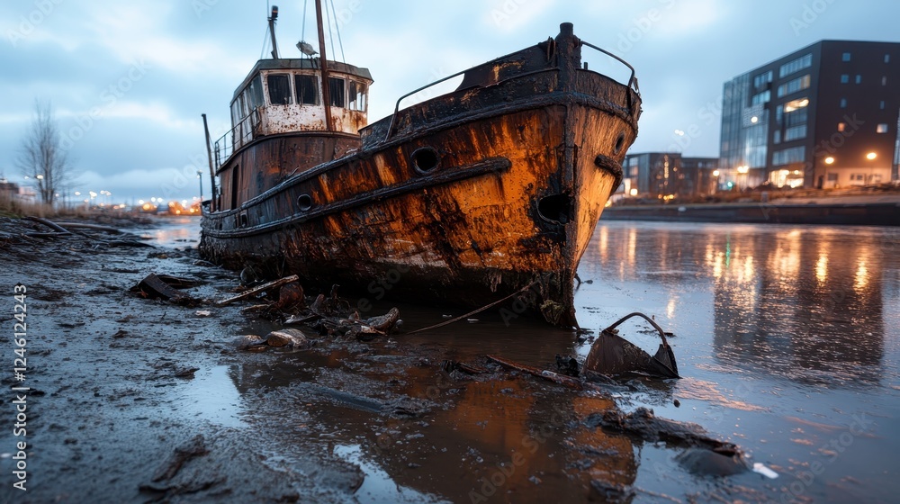 A lonely, rusted vessel rests quietly at dusk, partially submerged in the murky waters, symbolizing the environmental impacts of human activity and the decay of forgotten journeys. A lonely, rusted vessel rests quietly at dusk, partially submerged in the murky waters, symbolizing the environmental impacts of human activity and the decay of forgotten journeys.