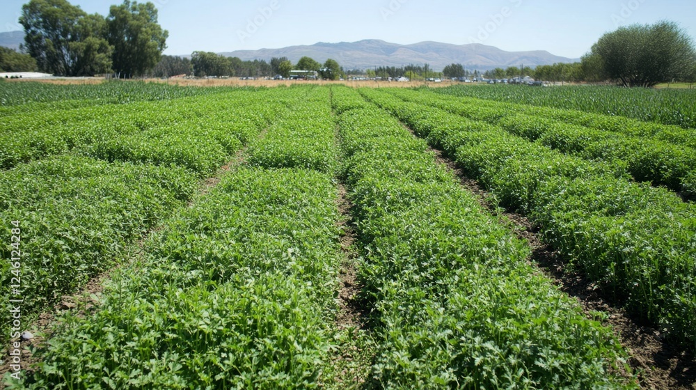 Vast Green Field of Crops Under Sunny Sky Vast Green Field of Crops Under Sunny Sky