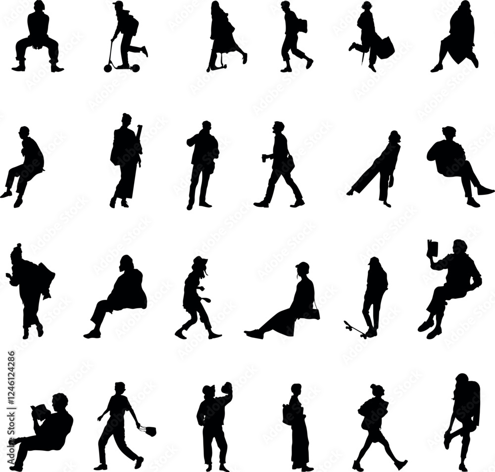 Fototapeta premium Set of 24 black silhouettes of people in various poses, including walking, standing, sitting, and leaning. Suitable for architectural visualizations, design projects, and creative layouts. 