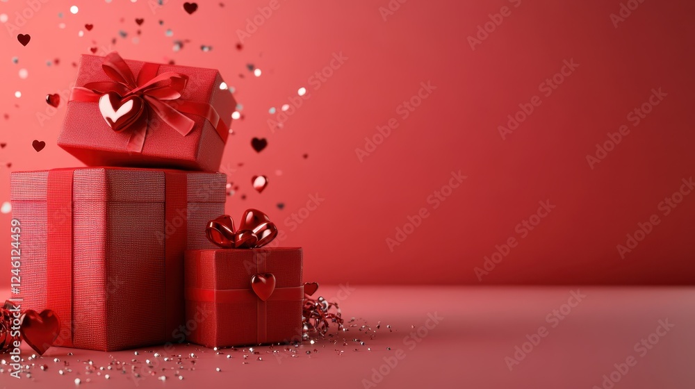 This festive composition features beautifully wrapped red gift boxes adorned with ribbons and hearts, symbolizing love, celebration, and joy for special occasions. This festive composition features beautifully wrapped red gift boxes adorned with ribbons and hearts, symbolizing love, celebration, and joy for special occasions.