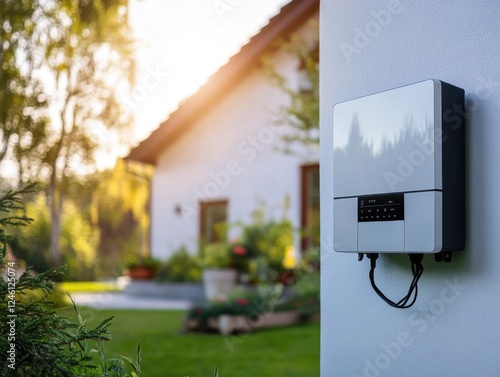 Solar panel inverter installed on a house wall generating clean energy for home photo