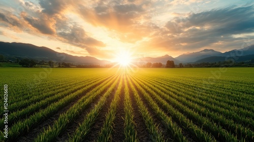 A stunning sunrise illuminates a vast stretch of vibrant green rice paddy fields  creating a breath-taking view that symbolizes growth and renewal in rural landscapes.