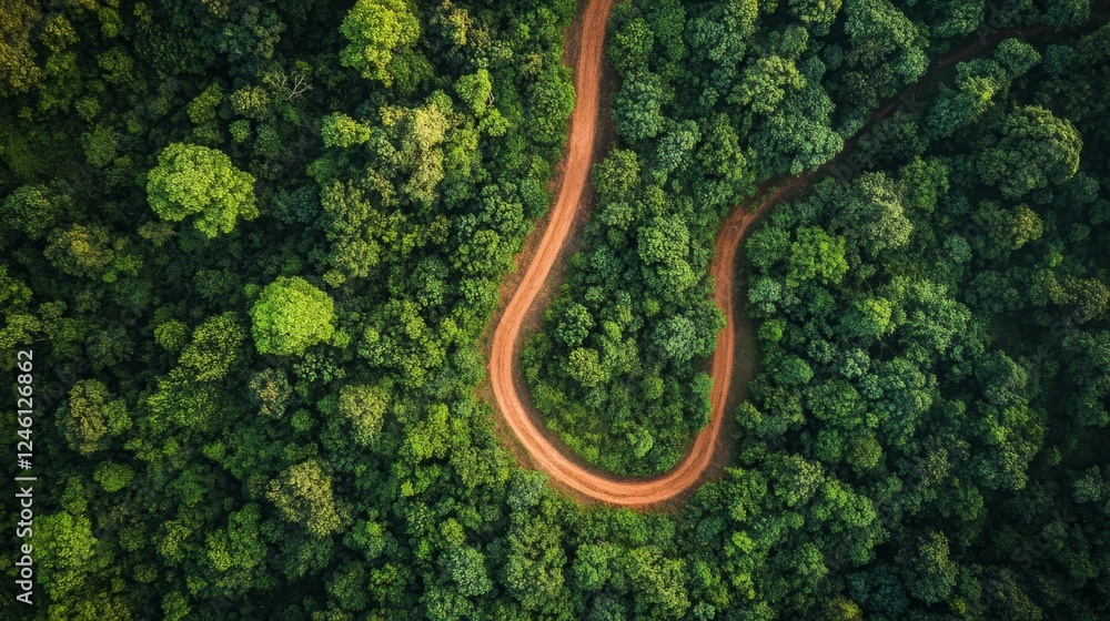 Aerial View of a Winding Path Through Lush Forest Aerial View of a Winding Path Through Lush Forest