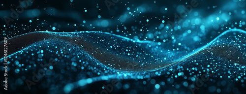 Light blue glowing abstract ray spotlight wave dark grainy background black noise texture banner design