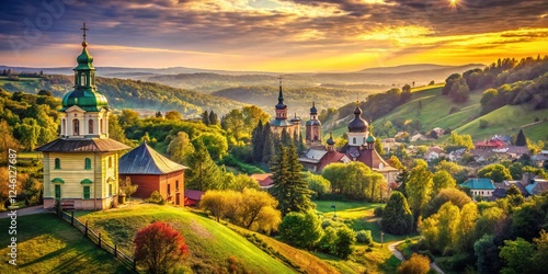 Vintage View of Southwestern Hills from St. Nicholas Church, Skhidnytsia, Ukraine photo