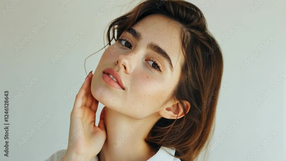 Serene Beauty Portrait: A young woman with flawless skin and dark brown hair, exhibits a calm and confident demeanor in this close-up portrait. Her gentle touch to her neck adds a touch of elegance. Serene Beauty Portrait: A young woman with flawless skin and dark brown hair, exhibits a calm and confident demeanor in this close-up portrait. Her gentle touch to her neck adds a touch of elegance.