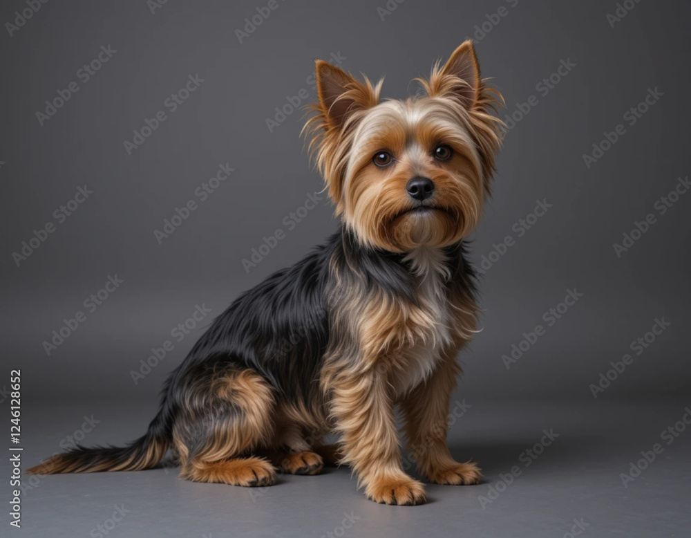 Retrato de estudio de cuerpo entero de un perrito marrón claro blanco y negro Retrato de estudio de cuerpo entero de un perrito marrón claro blanco y negro
