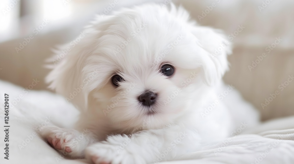 Adorable Fluffy White Maltese Puppy Lying on a Soft Blanket Adorable Fluffy White Maltese Puppy Lying on a Soft Blanket