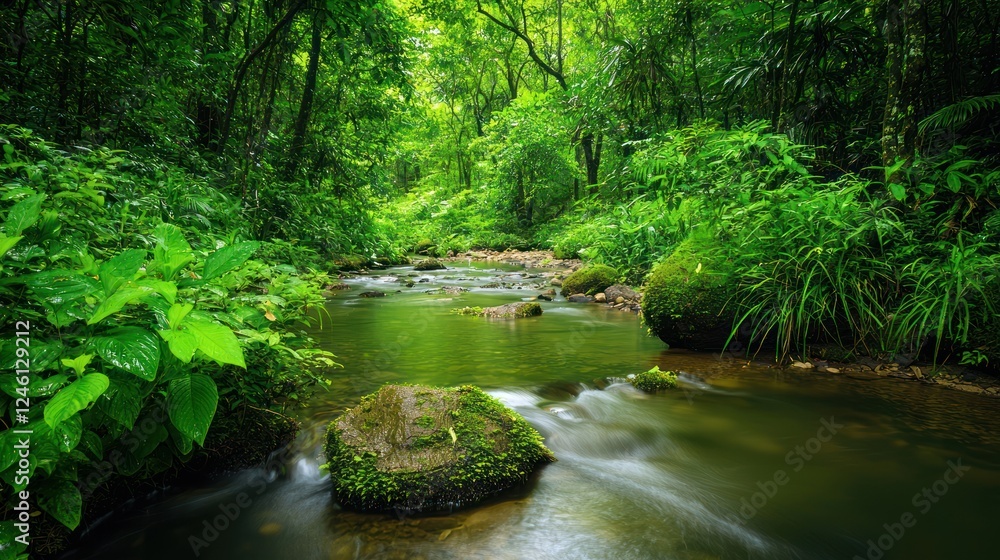 Serene Green River Flowing Through Lush Tropical Forest Serene Green River Flowing Through Lush Tropical Forest