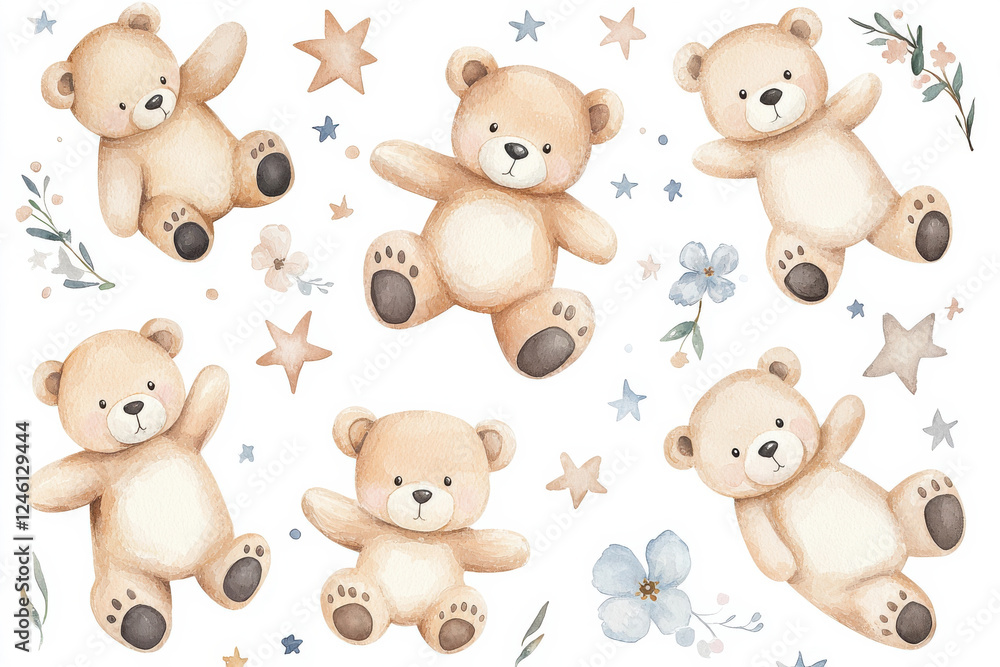 Cute, soft teddy bears surrounded by flowers and stars for a playful design. isolated on white background. Cute, soft teddy bears surrounded by flowers and stars for a playful design. isolated on white background.
