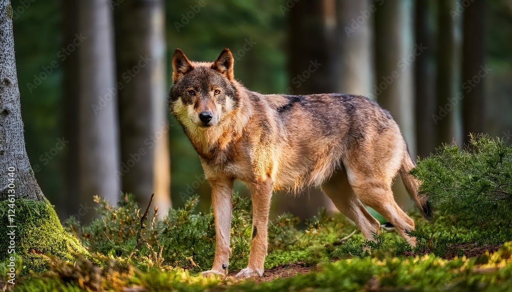 Vibrant Wolf Encounter in a Wintery Forest at Twilight, Capturing the Beauty and Majesty of Natures Predator Vibrant Wolf Encounter in a Wintery Forest at Twilight, Capturing the Beauty and Majesty of Natures Predator