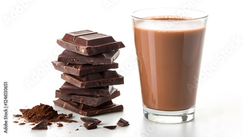 Rich Chocolate Milk & Dark Chocolate Pieces on White Background V6