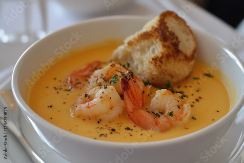 Creamy Shrimp Soup with Toasted Bread Garnish photo