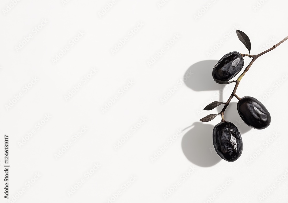 Black olives branch, white background, shadow, minimalist, food photography Black olives branch, white background, shadow, minimalist, food photography