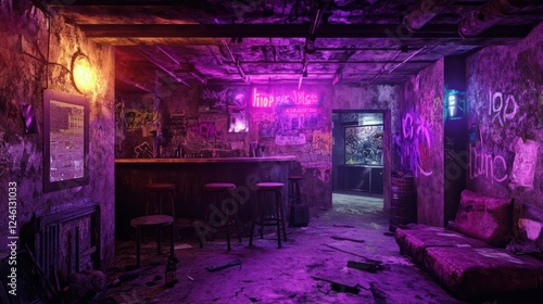 Wallpaper Mural Abandoned neon bar, urban decay, grunge interior, nightlife scene, dystopian setting Torontodigital.ca