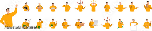 Set of characters busy guy in orange suit: young man in different poses, movements and gestures, sitting and standing. Concept man in orange shows actions