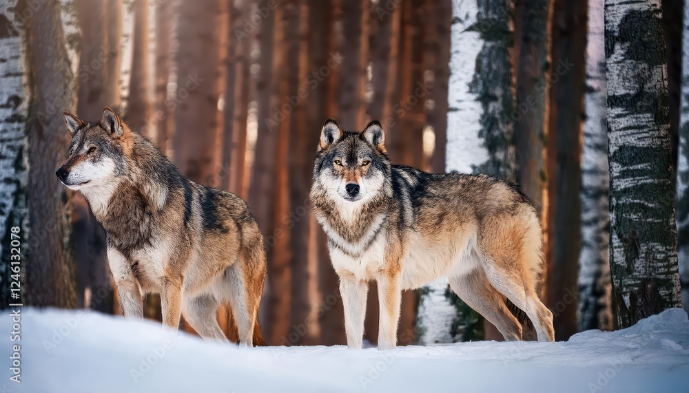 Frosty Wolves Basking in a Winter Wonderland Forest, Frozen Branches Cast Long Shadows, Majestic Predators Captured Amidst Snow and Serenity. Frosty Wolves Basking in a Winter Wonderland Forest, Frozen Branches Cast Long Shadows, Majestic Predators Captured Amidst Snow and Serenity.