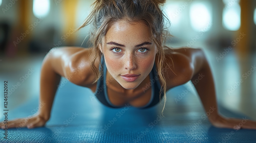A dedicated athlete concentrates on her push-up technique, embodying strength A dedicated athlete concentrates on her push-up technique, embodying strength
