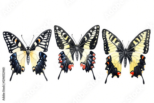 Colorful and detailed clipart of three butterflies with vibrant patterned wings, on a white background. Perfect for themes involving nature, insects, beauty, and biodiversity. photo