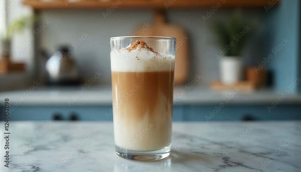 Delicious Latte Macchiato Coffee Drink in Kitchen Setting Delicious Latte Macchiato Coffee Drink in Kitchen Setting