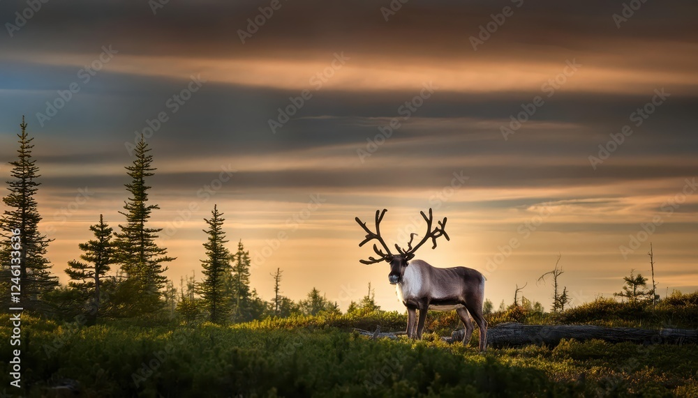Naklejka premium Striking Woodland Caribou Roaming in a Nature Preserve, Capturing the Purity and Tranquility of Canadas Wilderness at Dusk