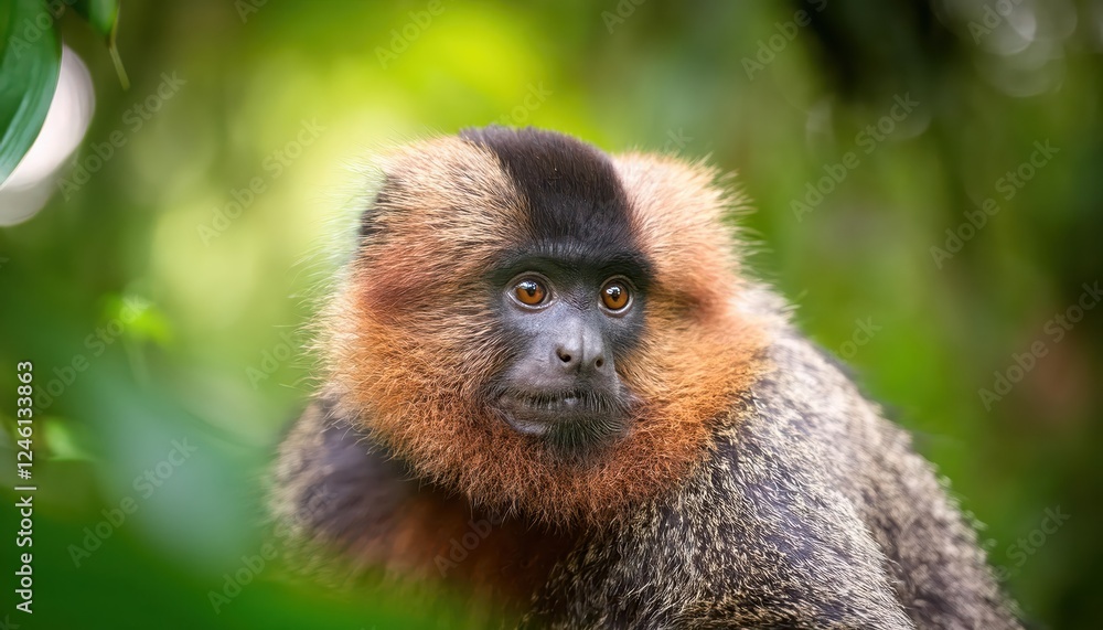 Naklejka premium Woolly monkey in lush Amazon rainforest of Cuyabeno Wildlife Reserve, Ecuador at dawn, Playful Primates Framed by Verdant Canopy and Vibrant Sunlight.