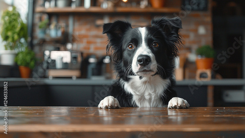 Wallpaper Mural Border collie dog peeking over table in modern kitchen with wooden cabinet and houseplant interior Torontodigital.ca