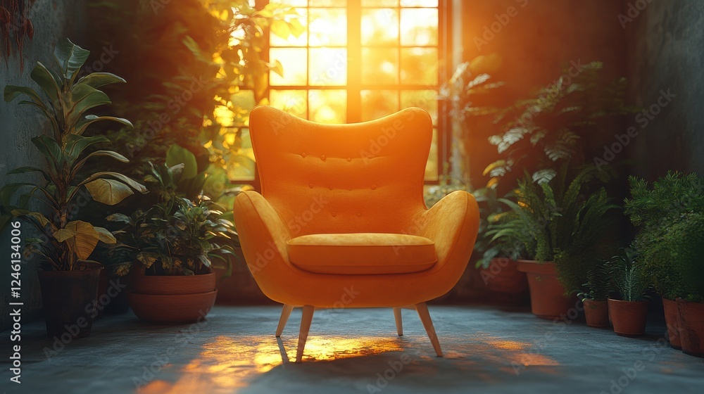Fototapeta premium autumn concept vintage interior with armchair and window at sunset retro style