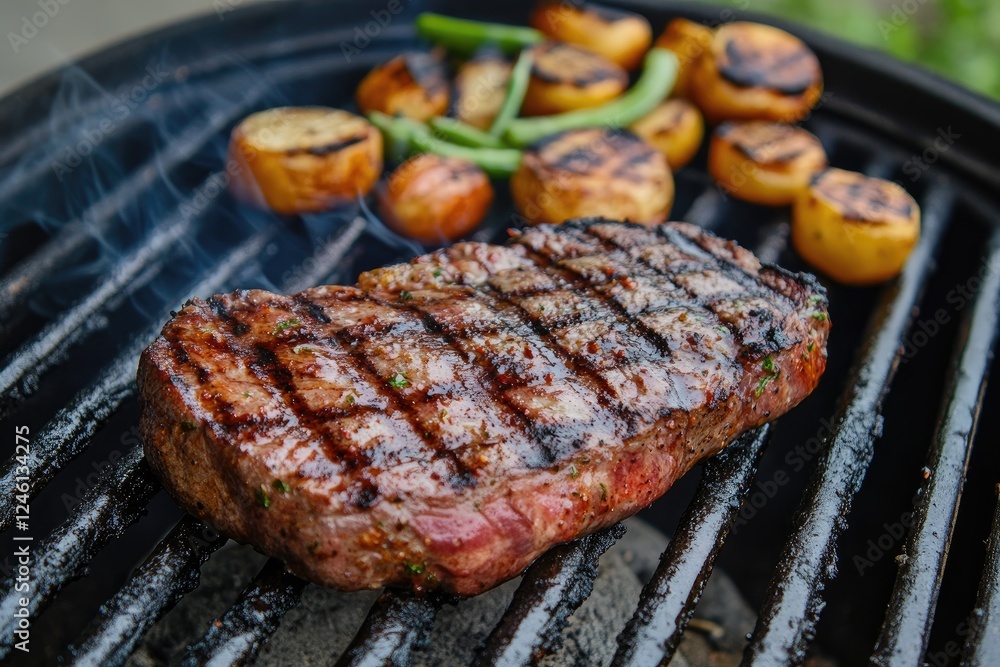 Grilled Steak and Vegetables Cooking on a Barbecue Grill Grilled Steak and Vegetables Cooking on a Barbecue Grill