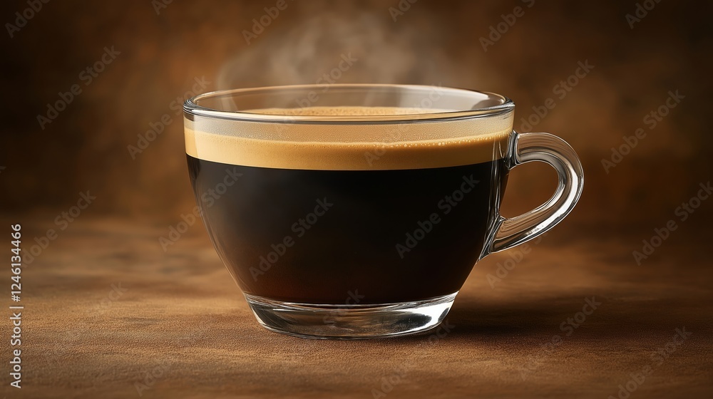 Freshly brewed coffee served in a glass cup with steam rising Freshly brewed coffee served in a glass cup with steam rising