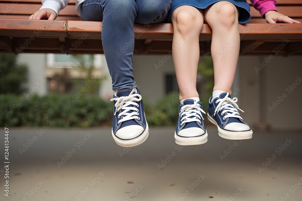 Children's sneakers on bench - close-up of kids' legs in casual attire outdoors Children's sneakers on bench - close-up of kids' legs in casual attire outdoors
