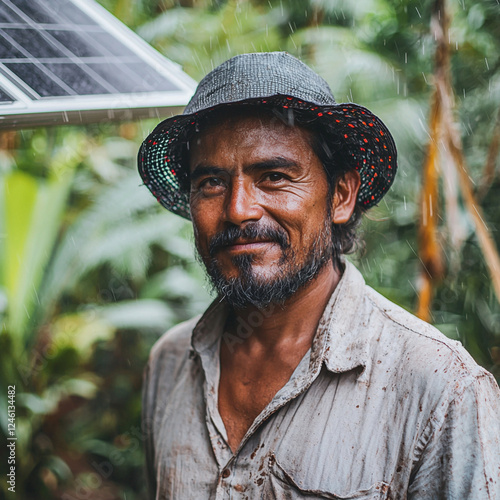 Rural farmer with solar panel irrigates sustainable agriculture farming project photo