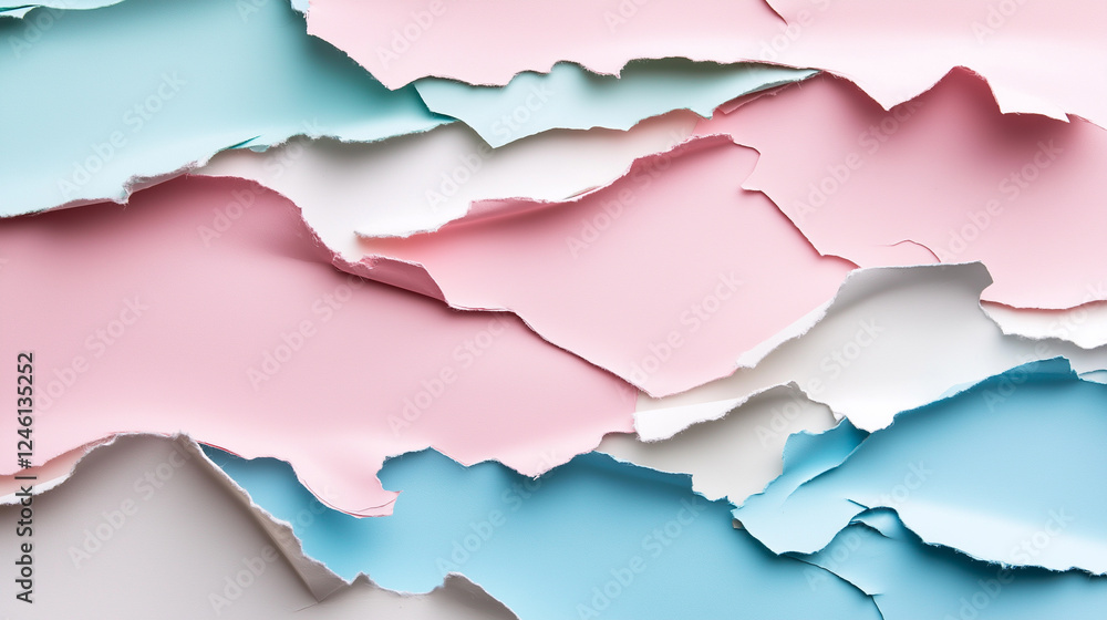 A creative abstract composition of layered torn paper in pastel pink, blue, and white tones. A creative abstract composition of layered torn paper in pastel pink, blue, and white tones.