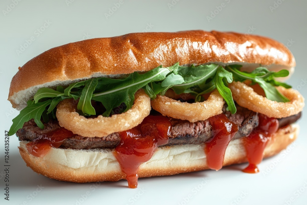 Delicious Steak Sandwich with Onion Rings and Arugula Delicious Steak Sandwich with Onion Rings and Arugula