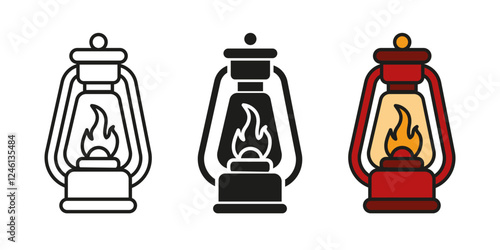 Oil lamp icon. Vintage lantern vector illustration. Camping gas lamp symbol. Pedant kerosene lantern sign. Retro lamp with fire flames pictogram. Antique lantern isolated colorful and outline concept.